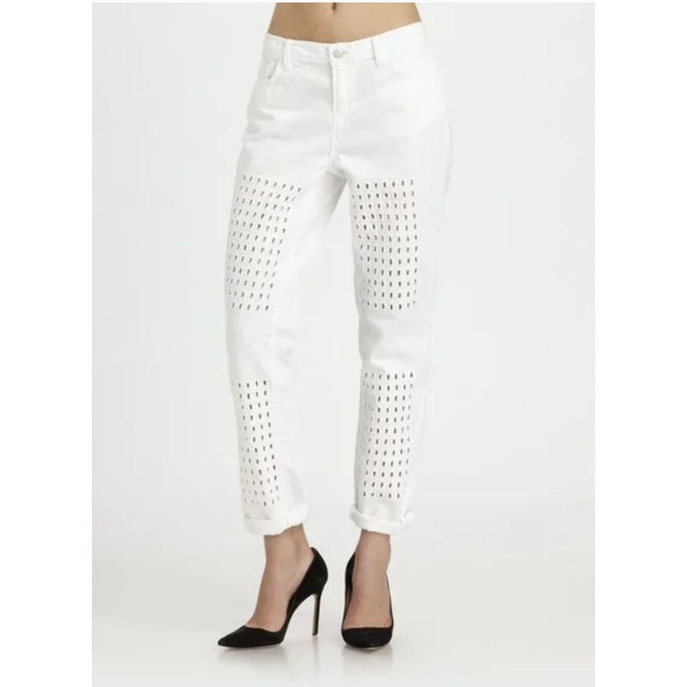 J Brand 100% Cotton White Aidan Eyelet Patch Boyfriend Straight Leg Jeans 25